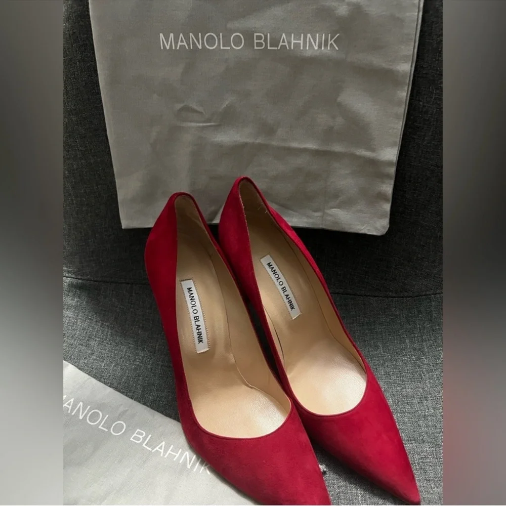 Manolo Blahnik BB Red Suede Pointed-Toe Stiletto Pumps - Picture 3 of 7